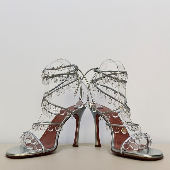 Amina Muaddi Tina Leather Ankle-Wrap Sandals With All Over Crystals-Appliques - Picture 11 of 15